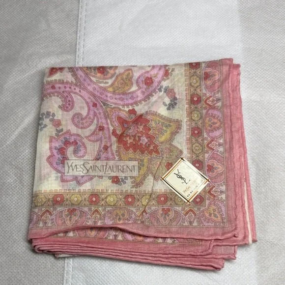 Yves Saint Laurent Pink and Cream Paisley Handkerchief Scarf 18x18in - Picture 7 of 9